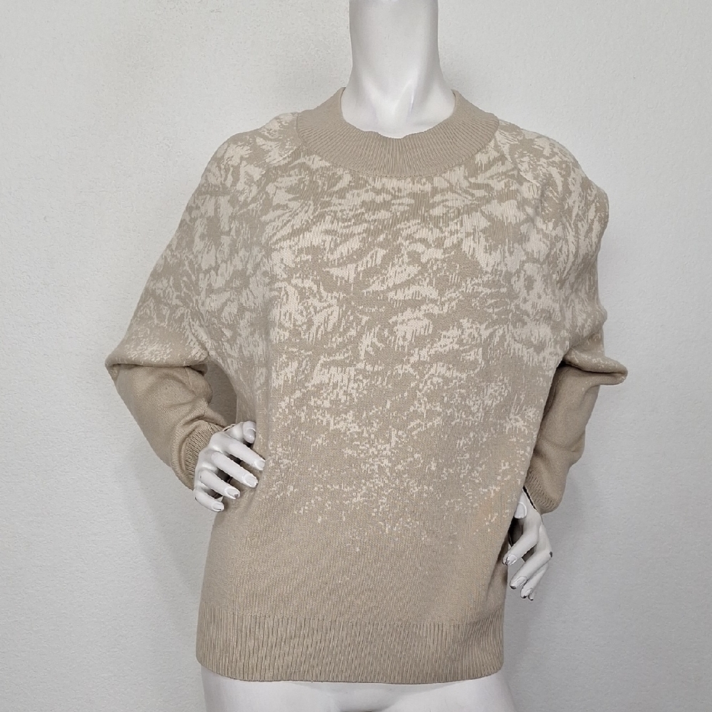 Athleta Beige Cream Merino Wool Blend Jacquard Frosted Floral Sweater Size L